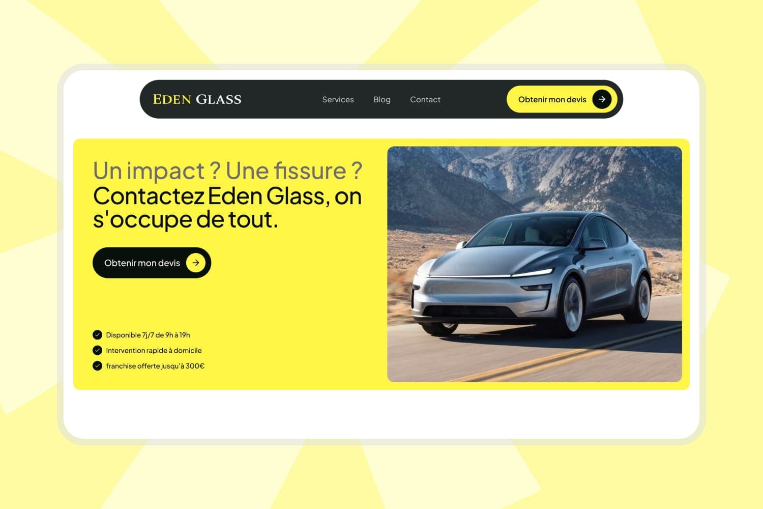 Eden Glass — Site vitrine moderne pour un expert en vitrage automobile spécialisé dans le remplacement de pare-brise à Montpellier.