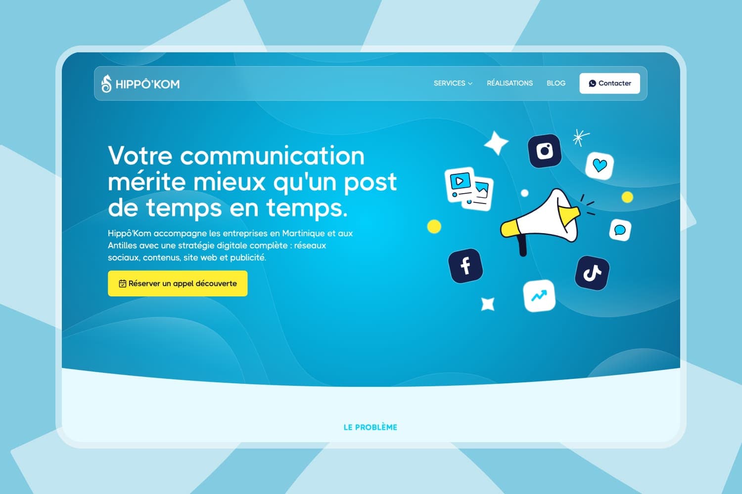 Hippokom — Site vitrine élégant et moderne pour une agence de communication. Design inspiré de l'univers marin, pensé pour refléter leur identité et attirer de nouveaux clients.