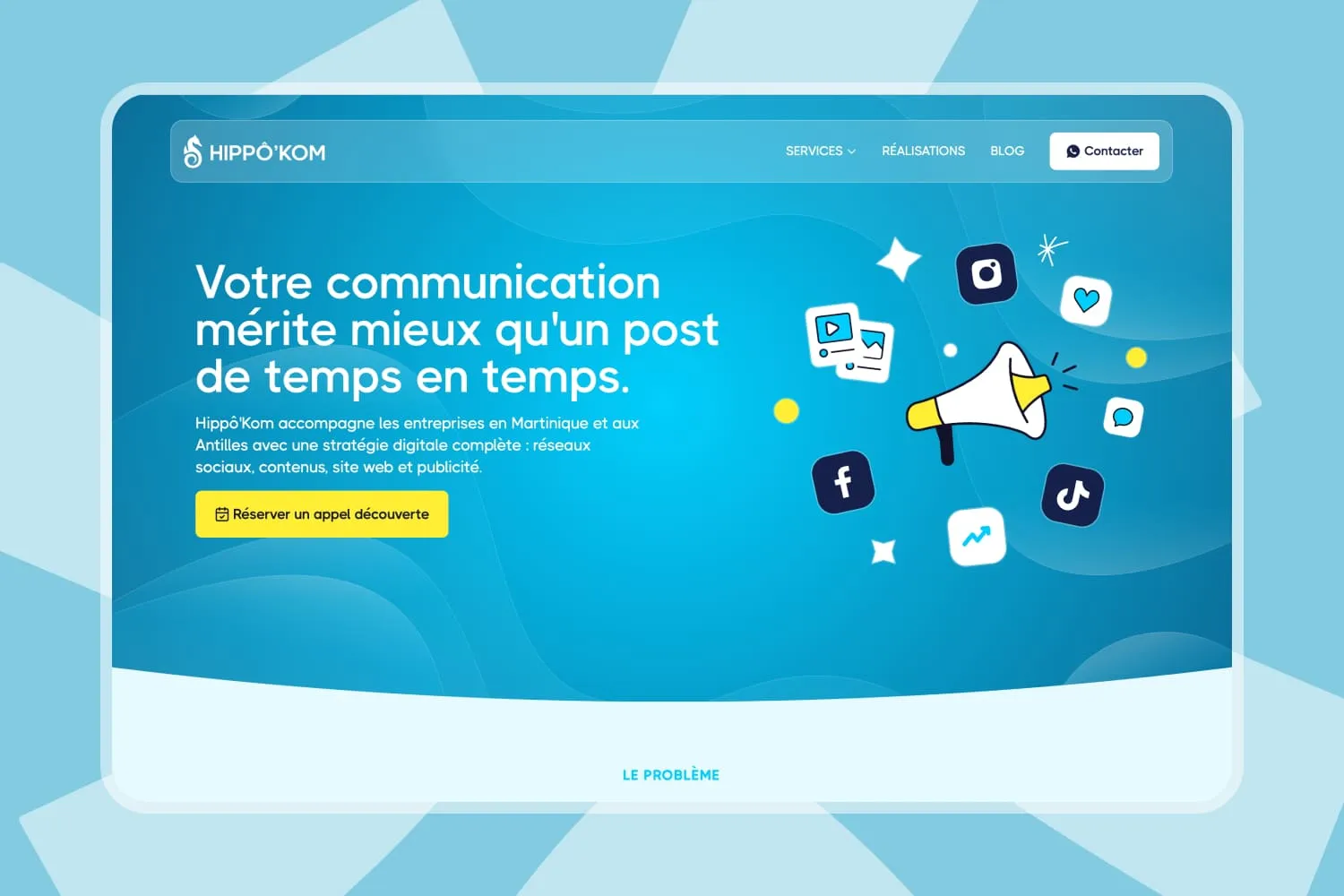 Hippô'Kom — Site vitrine élégant et moderne pour une agence de communication. Design inspiré de l'univers marin, pensé pour refléter leur identité et attirer de nouveaux clients.
