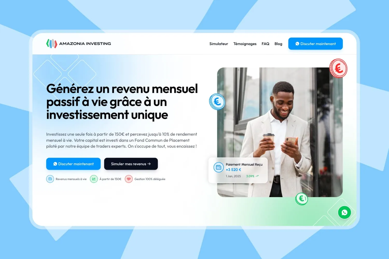 Amazonia Investing — Landing page performante couplée à un blog éducatif et un dashboard CRM. Résultat : un outil complet pour informer, convertir et gérer les investisseurs au même endroit.