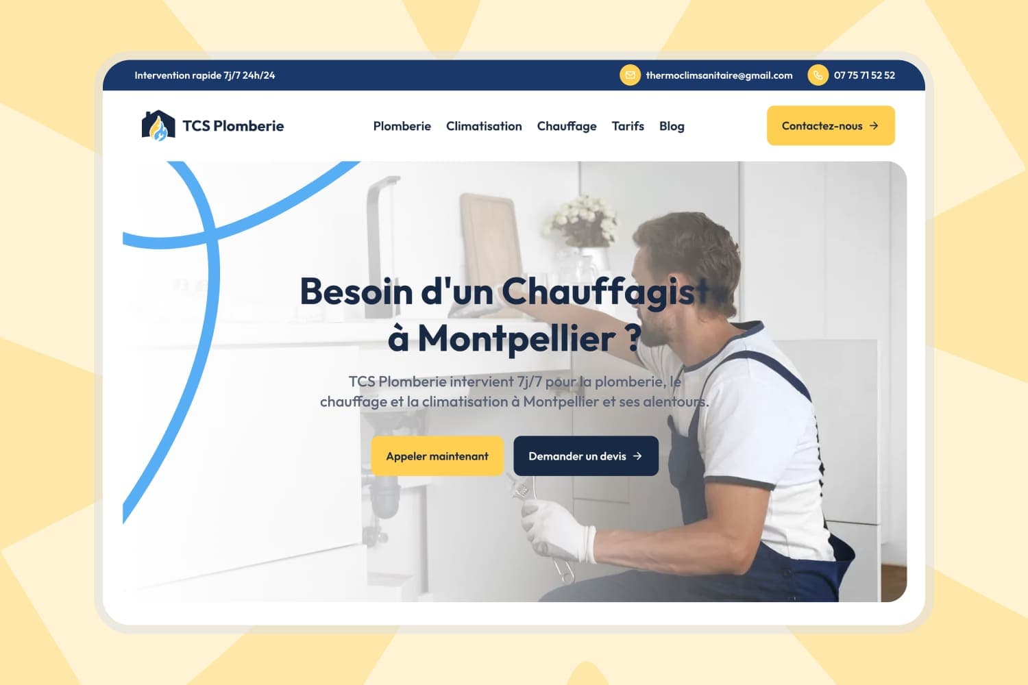TCS Plomberie — Site vitrine professionnel pour un plombier-chauffagiste avec prise de rendez-vous en ligne et présentation des services.