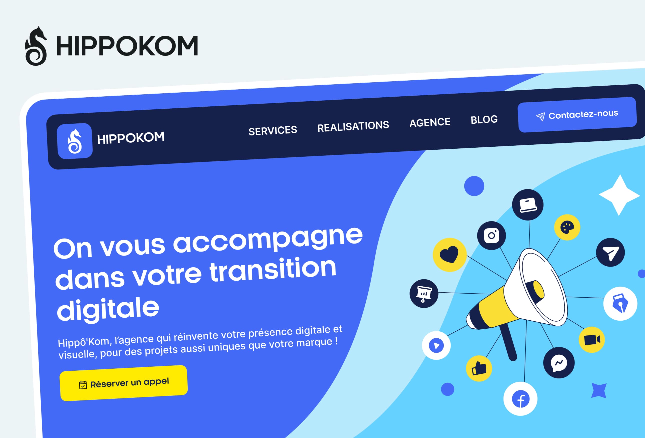 Hippokom — Site vitrine élégant et moderne pour une agence de communication. Design inspiré de l’univers marin, pensé pour refléter leur identité et attirer de nouveaux clients.