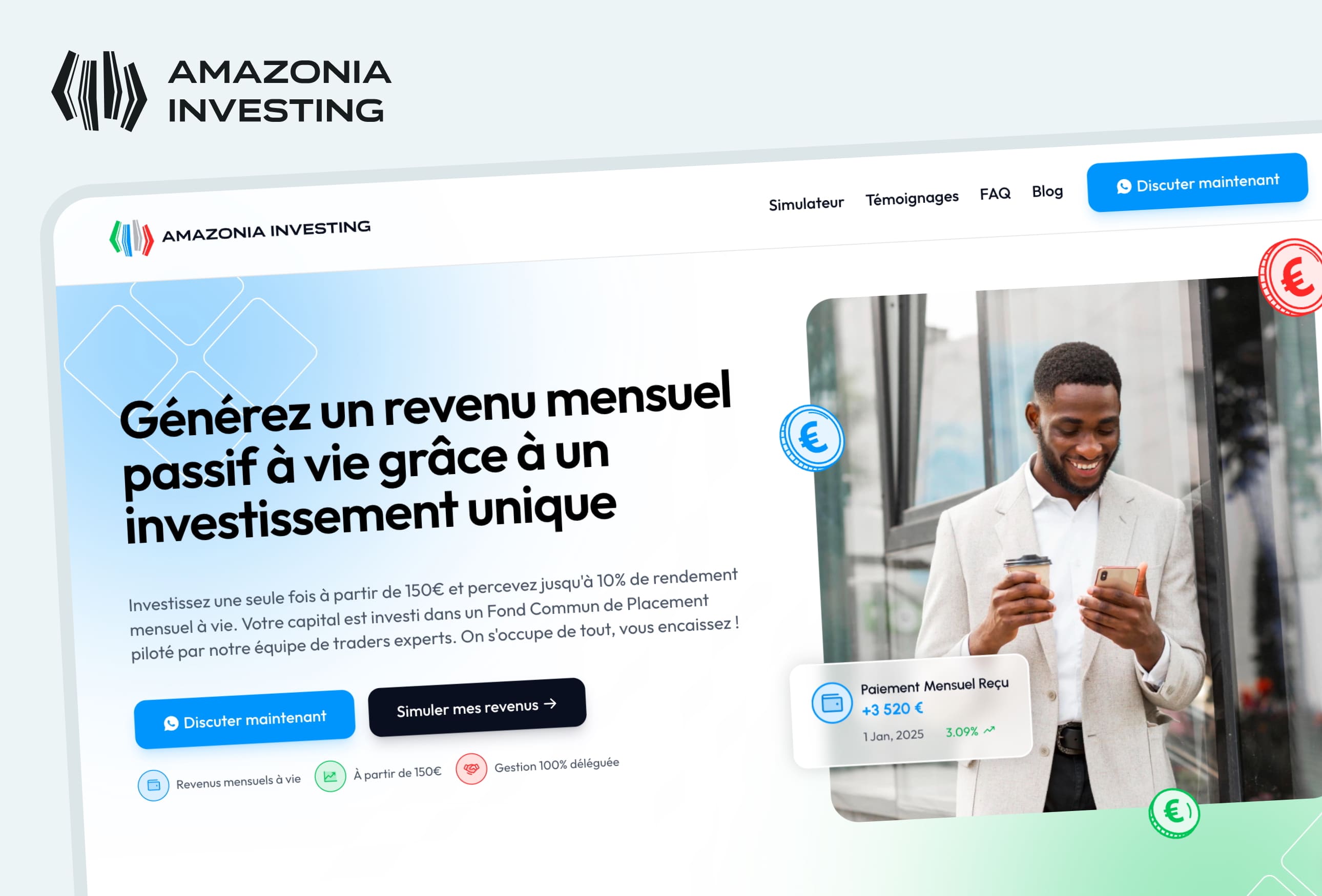 Amazonia Investing — Landing page performante couplée à un blog éducatif et un dashboard CRM. Résultat : un outil complet pour informer, convertir et gérer les investisseurs au même endroit.